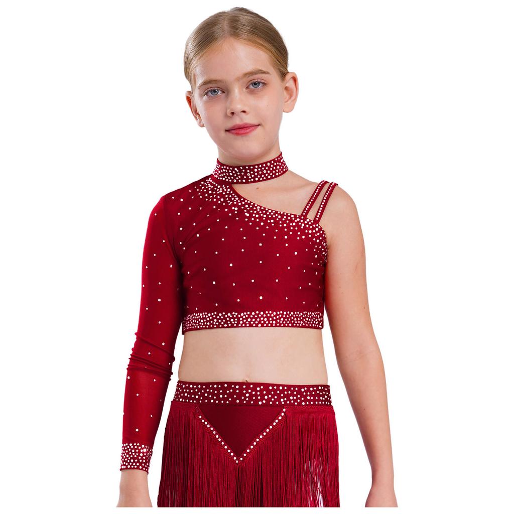 Mädchen Asymmetrisches Schulter Glitzernde Strasssteine Crop Top Tanzaufführung Bühnenkostüm