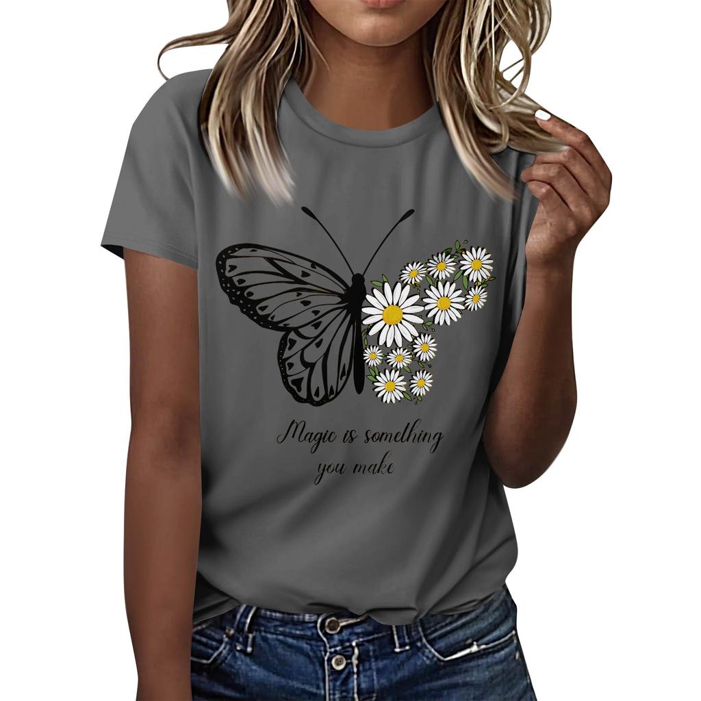 Dámské ležérní tištěné tričko s kulatým výstřihem, svetr s krátkým rukávem