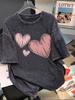 Women's Heart Retro Distressed Cotton T-shirt - Short Sleeve, Trendy High Street Style