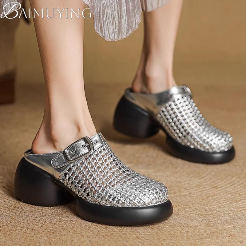 Mesh Platform High Heels Weave Women Slippers Hollow Sandals Mules Casual Shoes Woman 2025 Summer Fad Beach Loafers Slides Dress