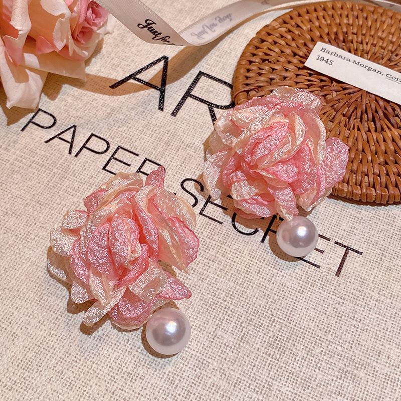 Delicate Pink Large Flower Earrings for Women Girls Fashion Imitation Pearl Pendant Earrings Christmas Jewelry Accessories