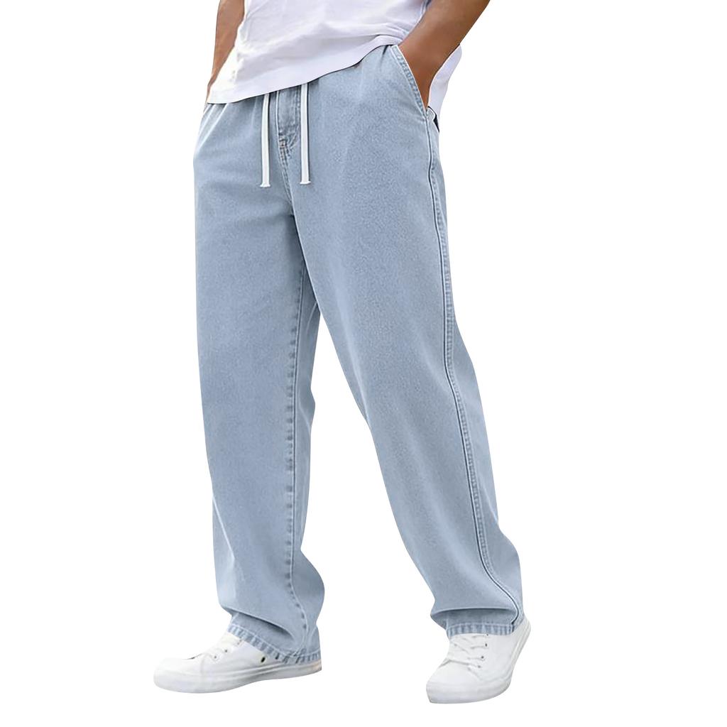 Men's Casual Denim Pants Elastic Waistband with Drawstring Relaxed Fit Straight Leg Jeans Suitable for Everyday Wear
