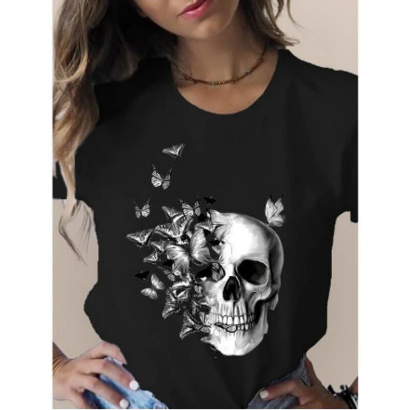 New Women's Casual Round Neck Short Sleeved 3D Printed Skull Flower Women's T-shirt