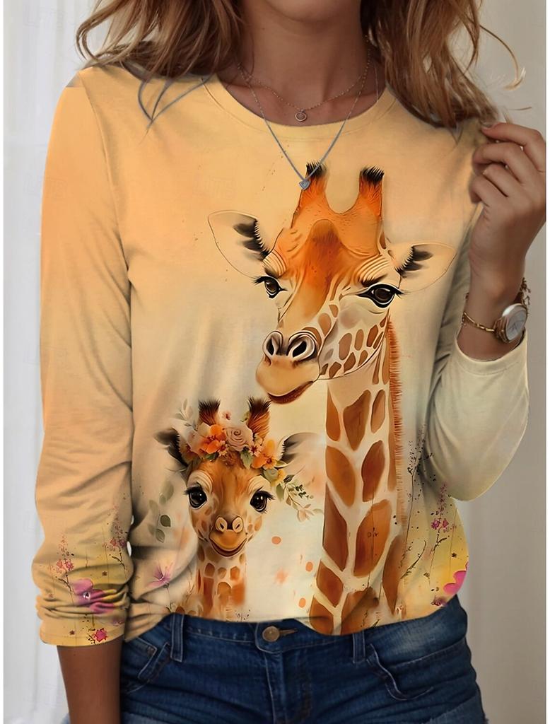 Damskie Koszulki Graficzne Zwierzę Żyrafa T-shirty Modne Stylowe Koszulki z Długim Rękawem Okrągły Dekolt Regularne Top Letnie Codzienne Pulower