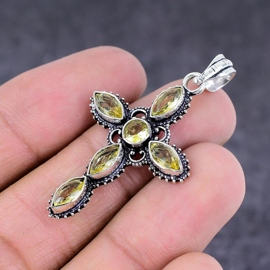 Natural Citrine Gemstone Handmade 925 Sterling Silver Cross Pendant 1.81" M8a21