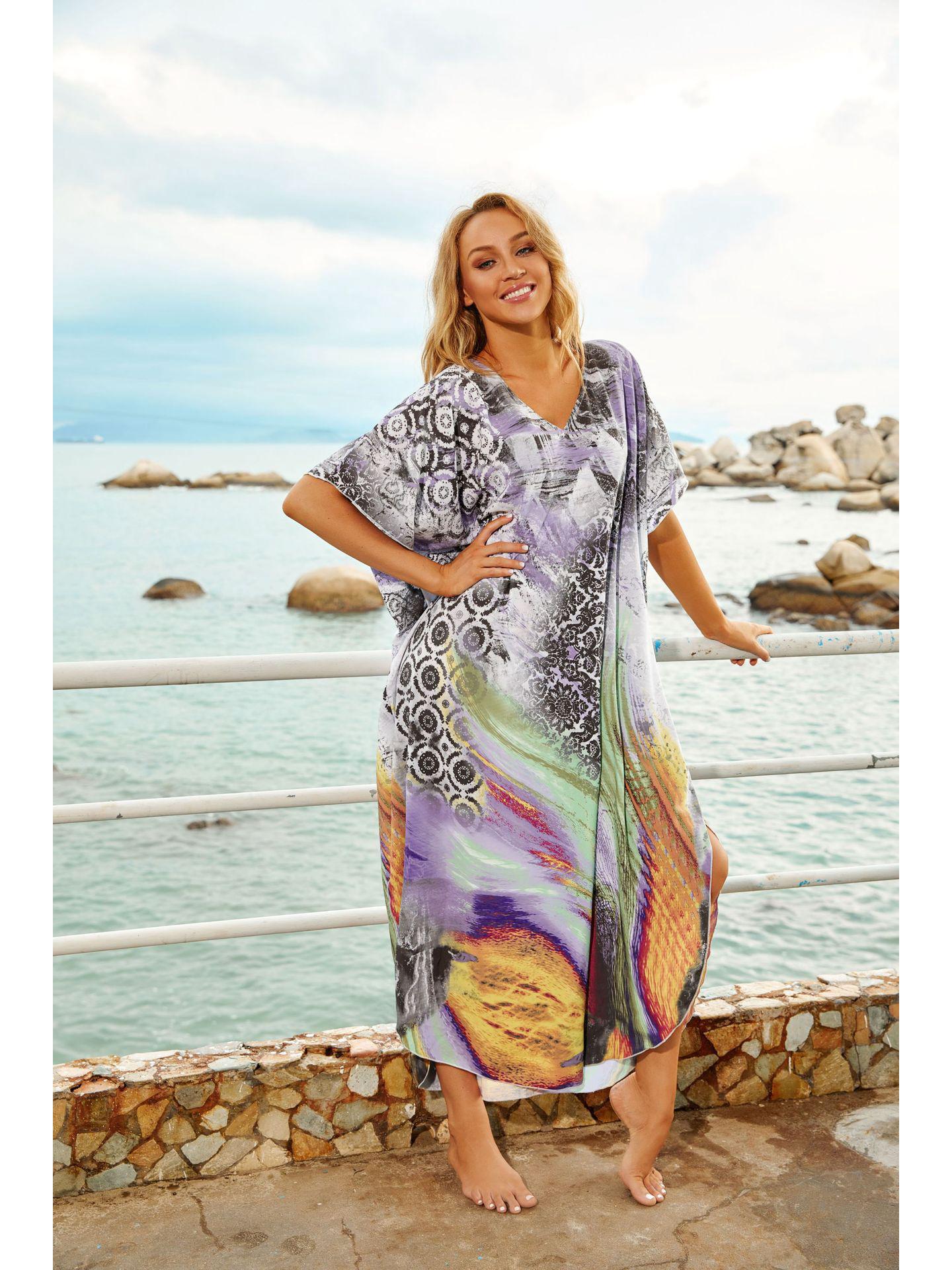 

Полиэстеровый принт Пляжный халат-накидка - Праздничный повседневный стиль бикини, Модель 695. One Size