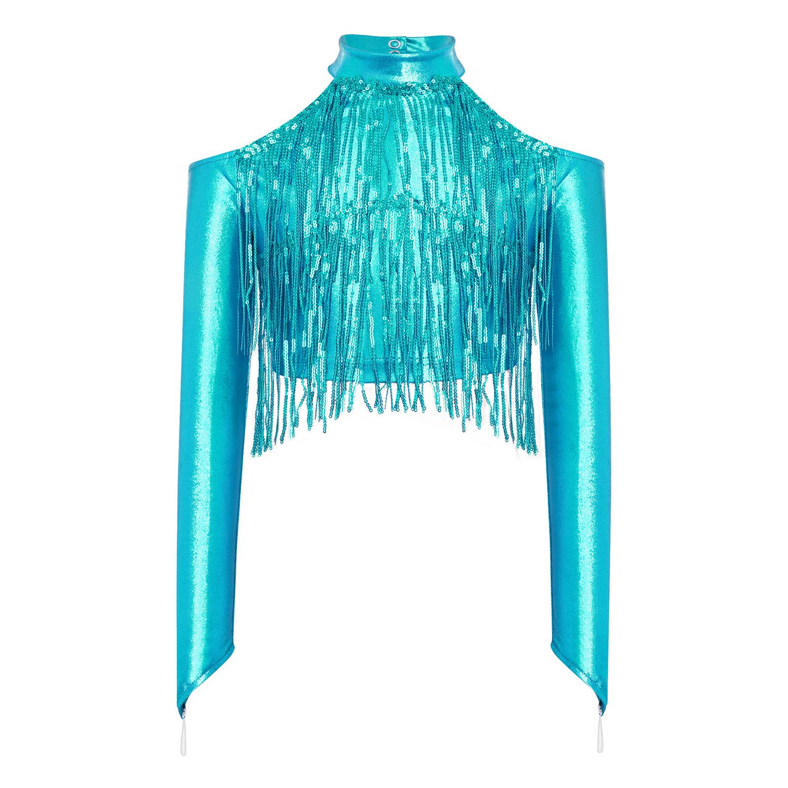 

Girls Cold Shoulder Metallic Top Long Sleeve Finger Holes Cutout Back Sparkling Sequin Tassels Crop 7-8 Years світло-синій колір