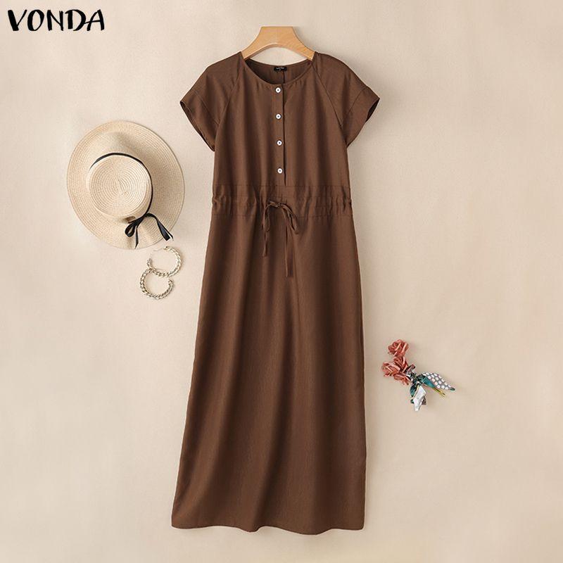 VONDA Summer Women Short Sleeve Round Neck Solid Drawstring Casual Long Maix Dress M