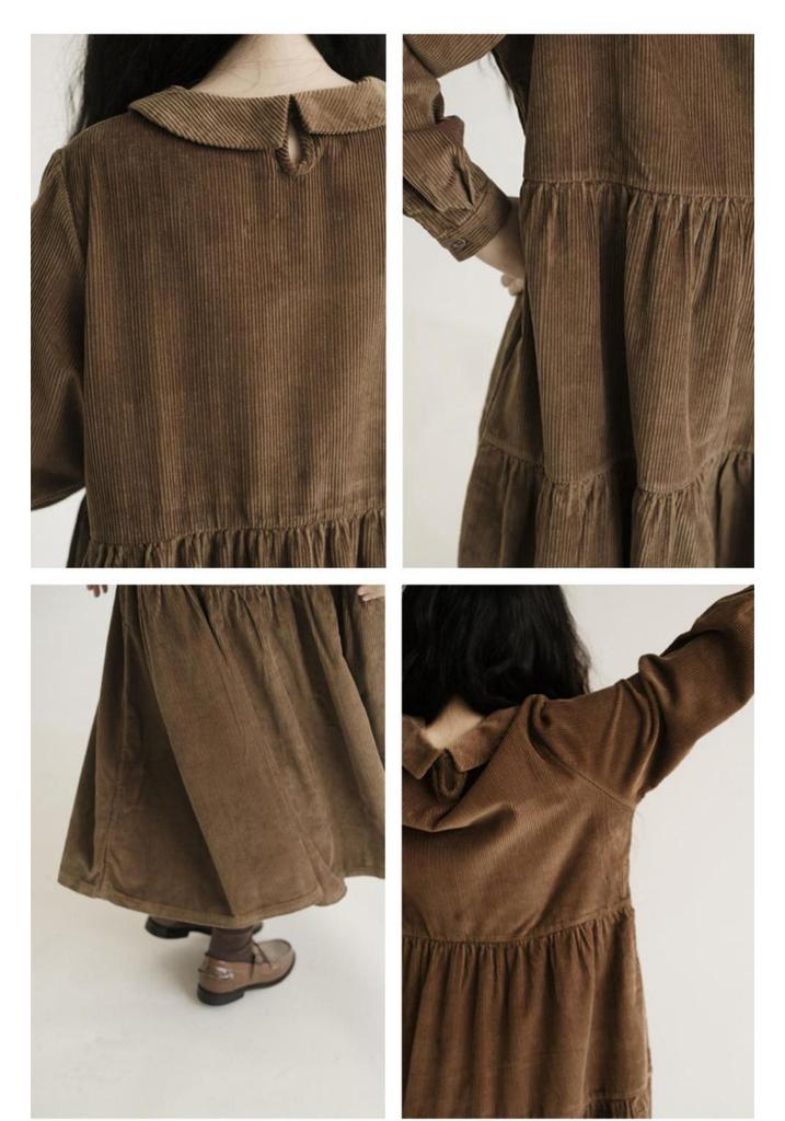 Japanese Style Corduroy Doll Collar Autumn A-Line Long-Sleeve Dress