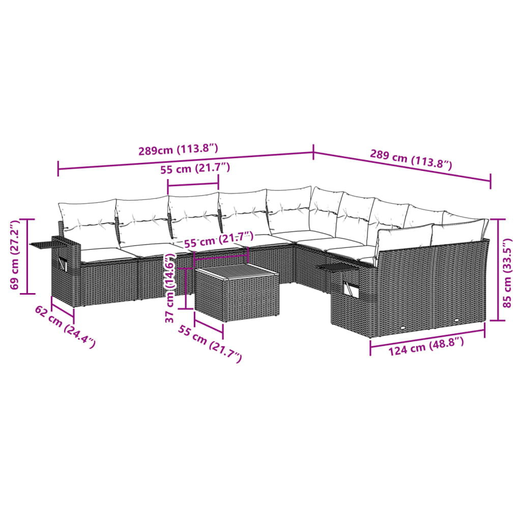 11 pc. Outdoor Sofa Set with Cushions Black PE Rattan