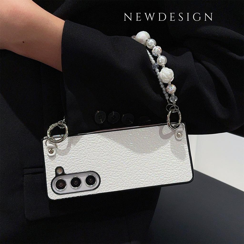 For Samsung Galaxy Z Fold6 5G Case Textured Glitter Leather+PC Phone Cover with Beaded Strap