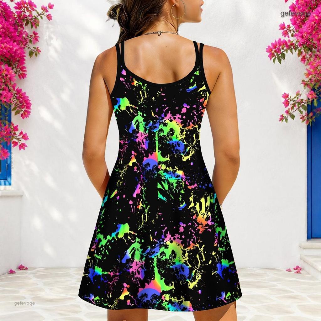 Women Plus Size V Neck Double Straps Sleeveless Printed Iridescent Blue Mini Dress