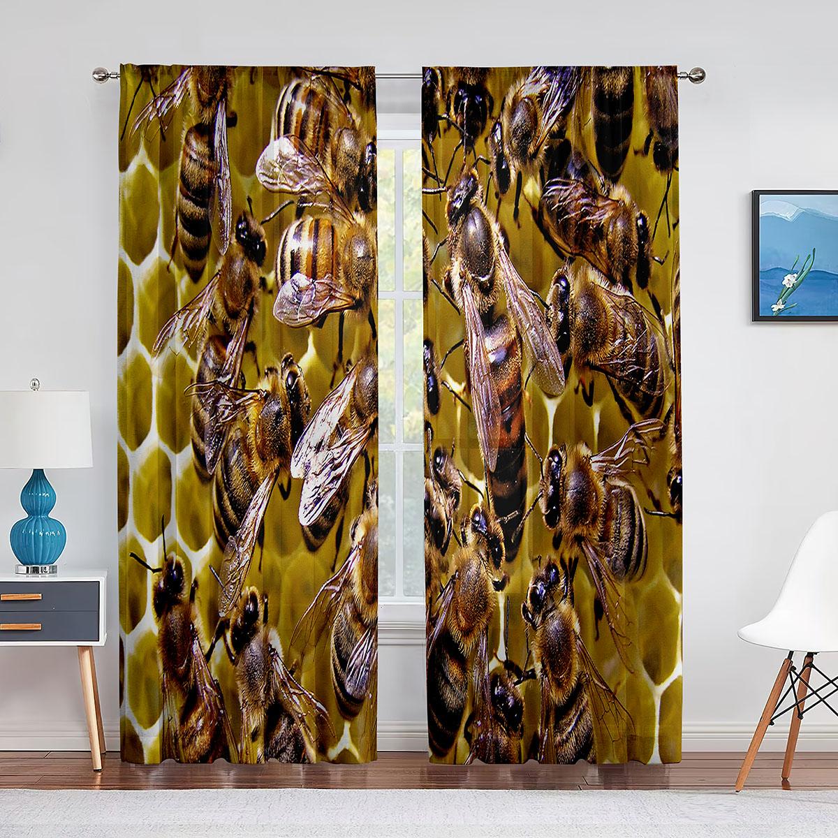 

Шифоновые прозрачные шторы с пчелами, медовым улей, забавными животными, для гостиной, спальни, украшения дома, оконная вуаль, тюлевая занавеска 1 PCS W100XH250cm&Grommet Top