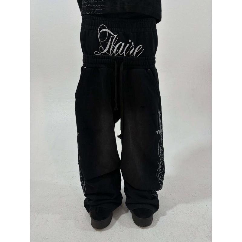 Mens Streetwear Printed High-Elastic Double-Waist Loose Straight Leg Casual Pants Youth Fashion