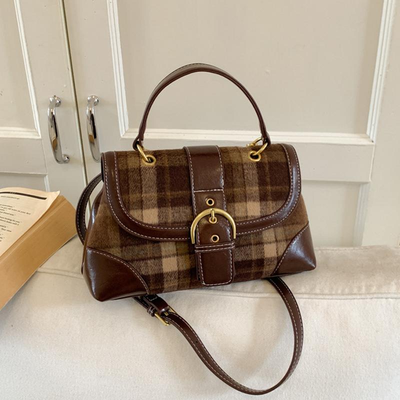 Autumn Winter Women's Woolen Plaid One Shoulder Bags Texture PU Splicing Square Handbags Korean Fashi Crossbody Bags