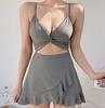 Monokini Swimsuit One Piece Flare Skirt Swimdress Camisole Straps Drawstring Padded No Wires DN6 Lelia [ISLAYCAOLILA] Women's (M, Black)