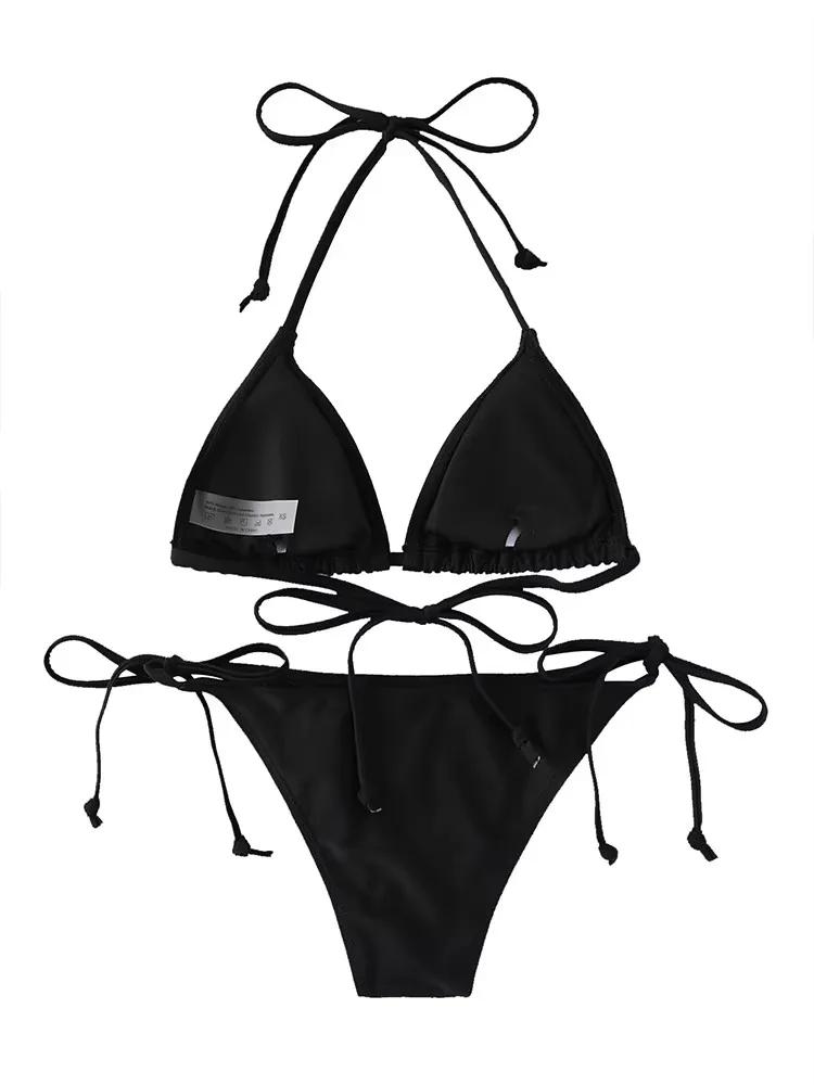 Women Thong Bikini Set Side Lace-up Sexy Swimsuit Bandage Neck Tie Swimwear Adjustable Brazilian Style Bikini Underwear