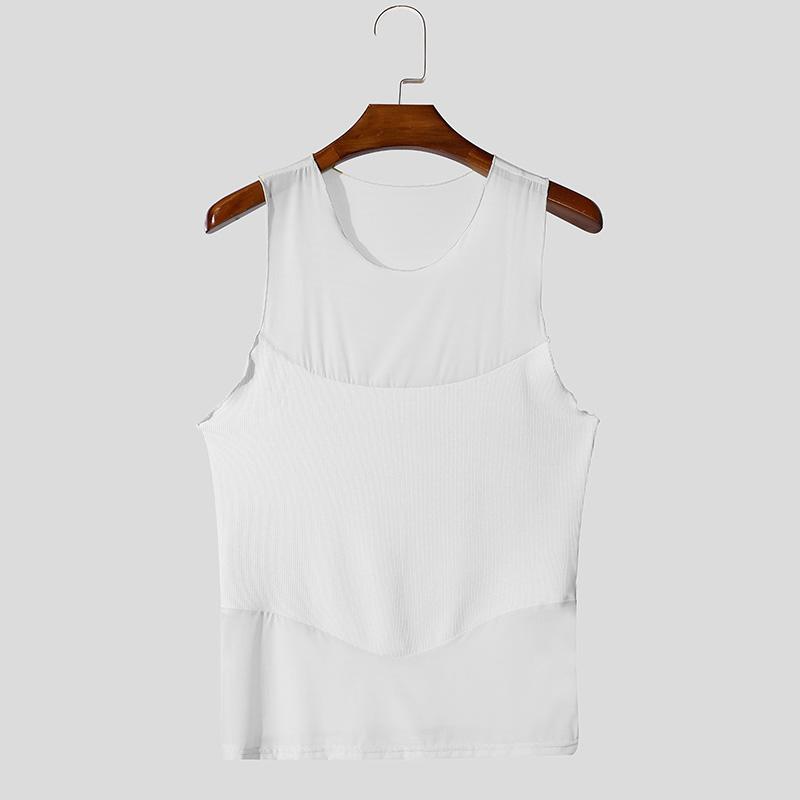 INCERUN Menn Ermeløs Mesh Patchwork Sexy Club Party Slim Tank Tops