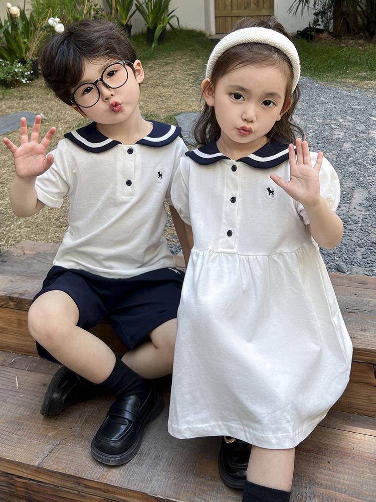 Summer Boys' Sailor Collar & Girls' Academy Style Dress Set - Children's Trendy Sibling Outfits.