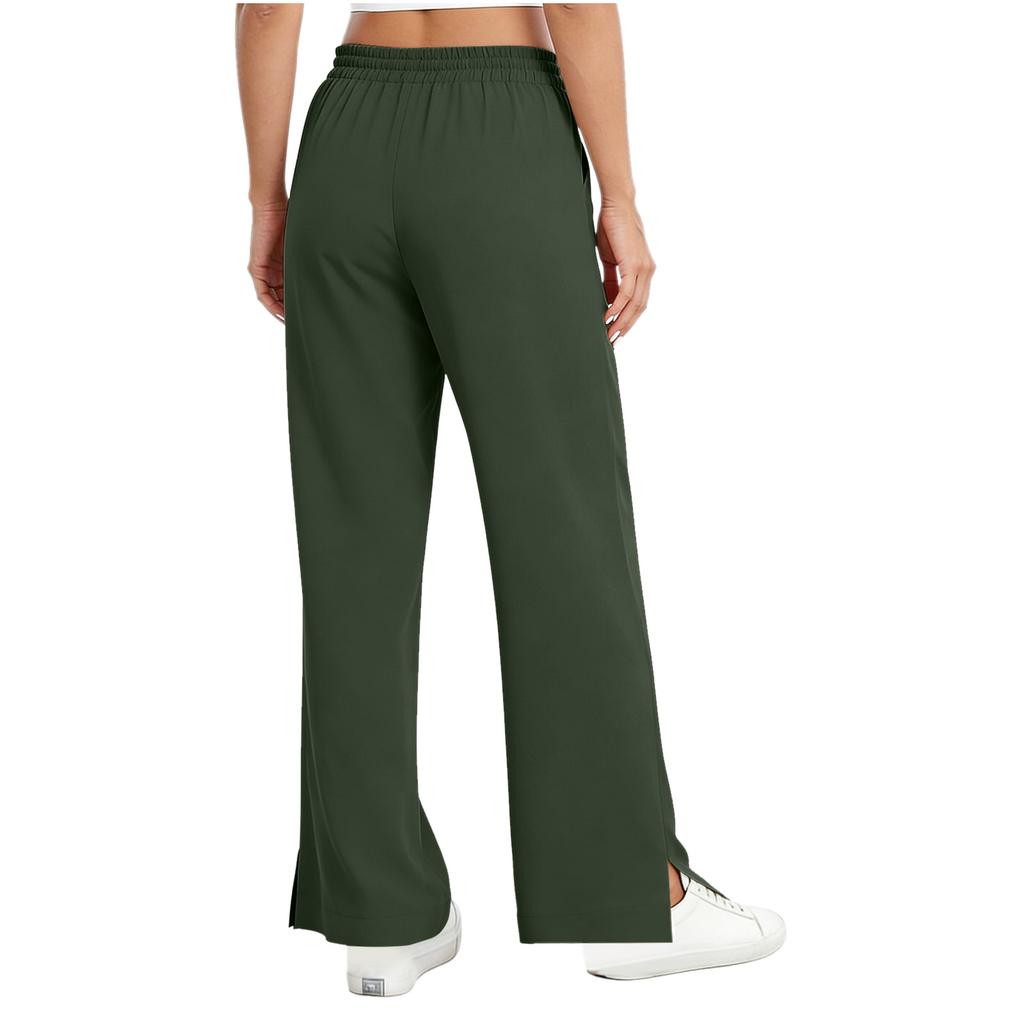 Women's Loose Fit High Waist Casual Pants Elastic Waistband Lightweight Breathable Fabric Wide Leg Trousers with Side Slits for Outdoor Activities