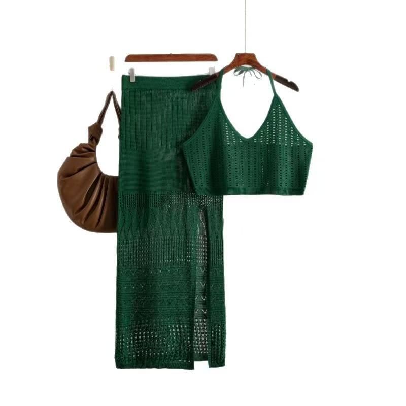 Western Style Sexy Knitted Hollow out Vest Skirt Two-piece Set Knitted Vest and Skirt Set