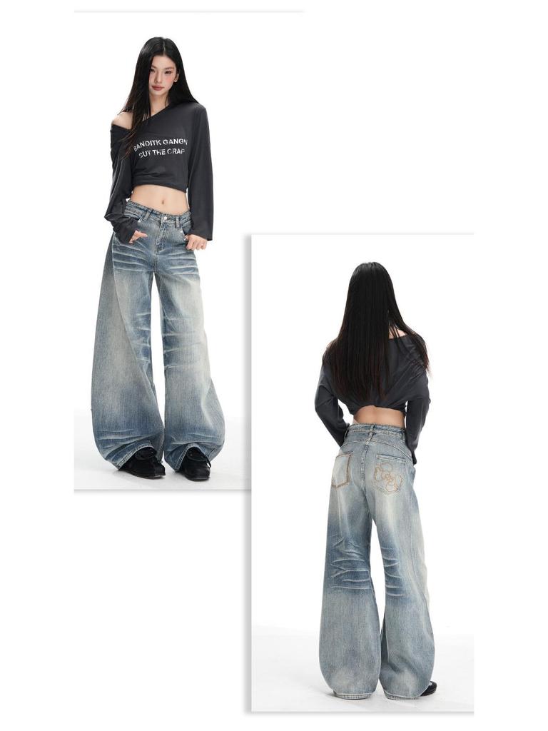 Women's Retro Blue Wide-Leg Jeans: Low-Rise, Loose, Straight, Floor-Length, Slimming Design for Autumn 2025