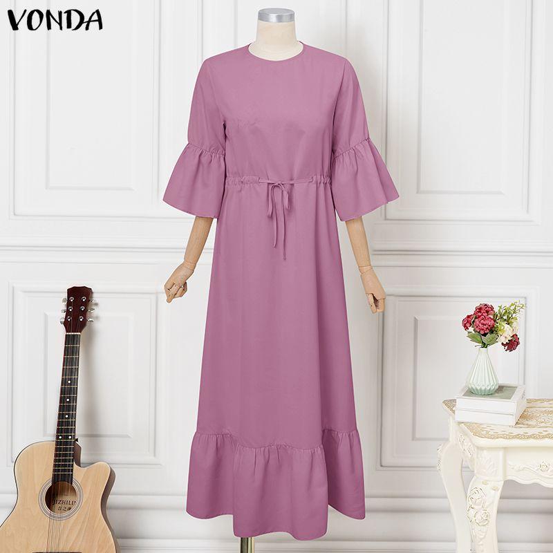 VONDA Women V Neck 3/4 Sleeve Casual Loose Drawstring Waist Maxi Rufffled Dress Robes