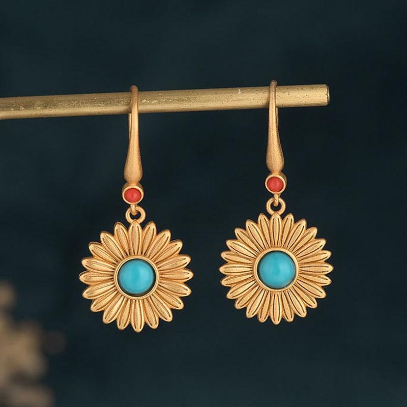 

Богемные висячие серьги с бирюзой и крючком в форме подсолнуха, драгоценный камень с покрытием из 18-каратного золота