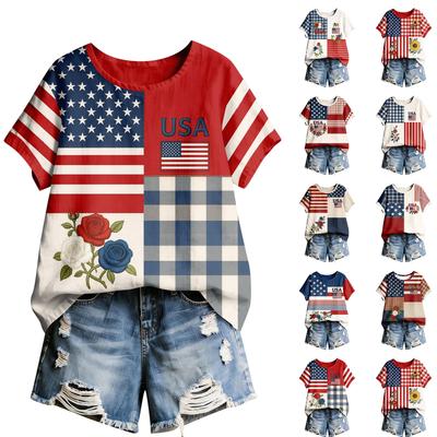 Women's American Floral Patchwork Print Casual T-Shirt 250Th Anniversary USA Shirt Patriotic Tshirt