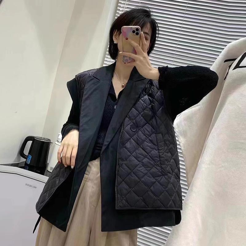 

Suit collar down vest women s outer wear 2025 winter new lightweight rhombus warm white duck down vest tide S чёрный