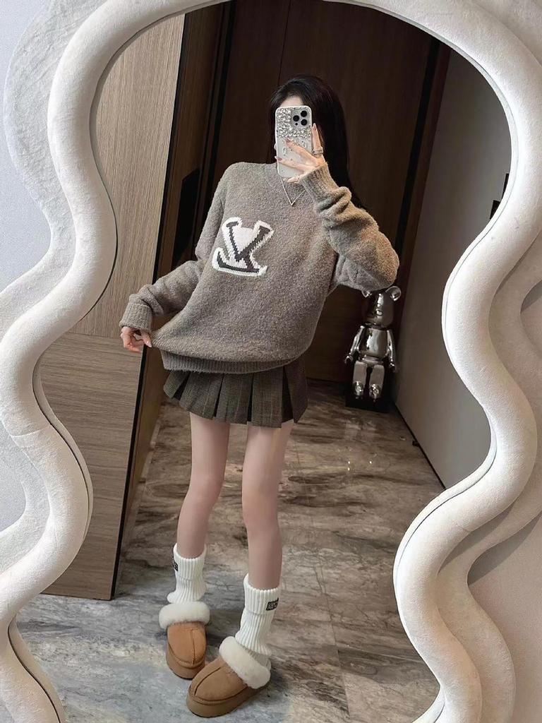 L Marke Schwerer Strickpullover mit Rundhalsausschnitt, Herbst/Winter 25SS Kollektion in Schwarz.