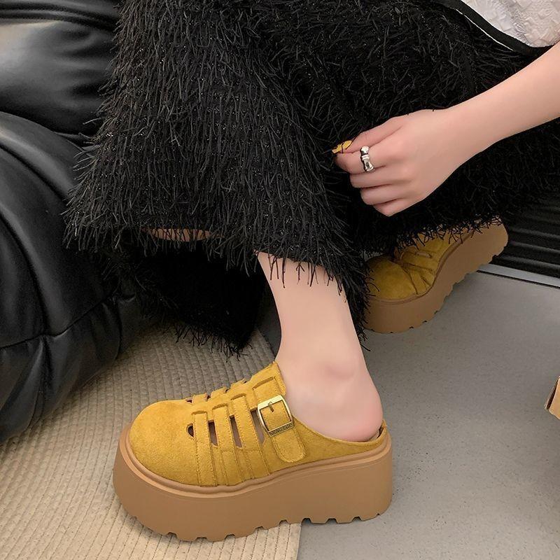 

Thick-soled bag head half slippers women s outer wear new summer hollow breathable sandals height-increasing versatile shoes 35 жовтий