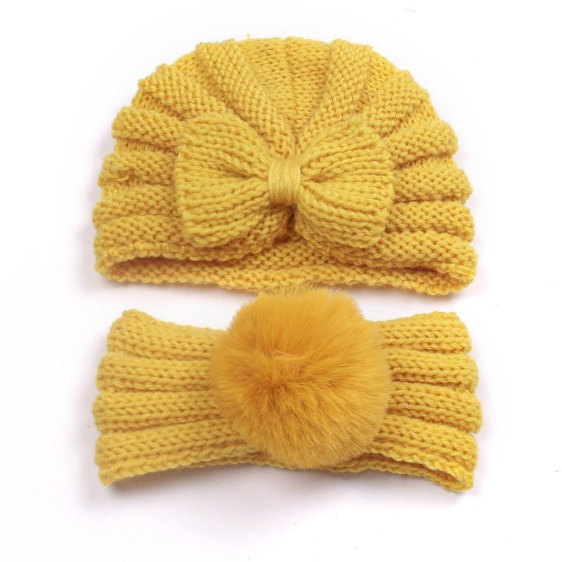 New children's winter warm headscarf hat set, baby bow pullover hat, baby headband