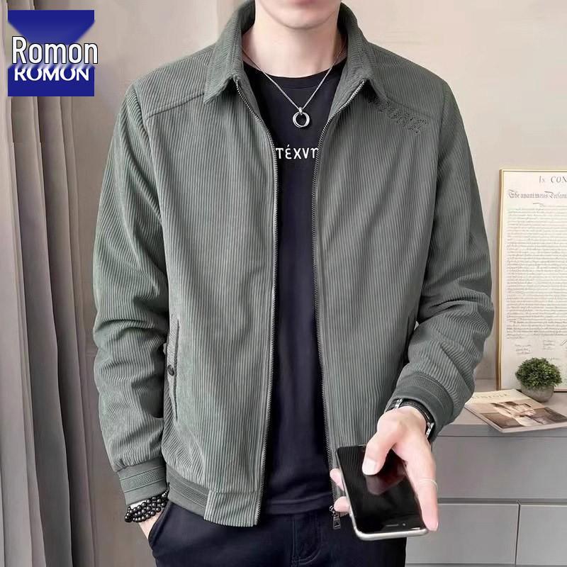 Romon Men's Corduroy Lapel Jacket - 2025 Trendy Spring/Autumn Casual Business Coat