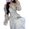 French super fairy smudged mist square collar floral dress women's gentle wind temperament butterfly lotus leaf edge skirt European and American