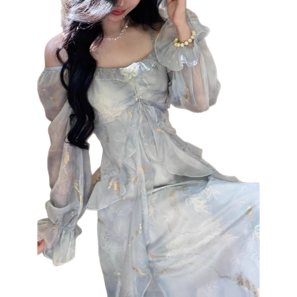 French super fairy smudged mist square collar floral dress women's gentle wind temperament butterfly lotus leaf edge skirt European and American