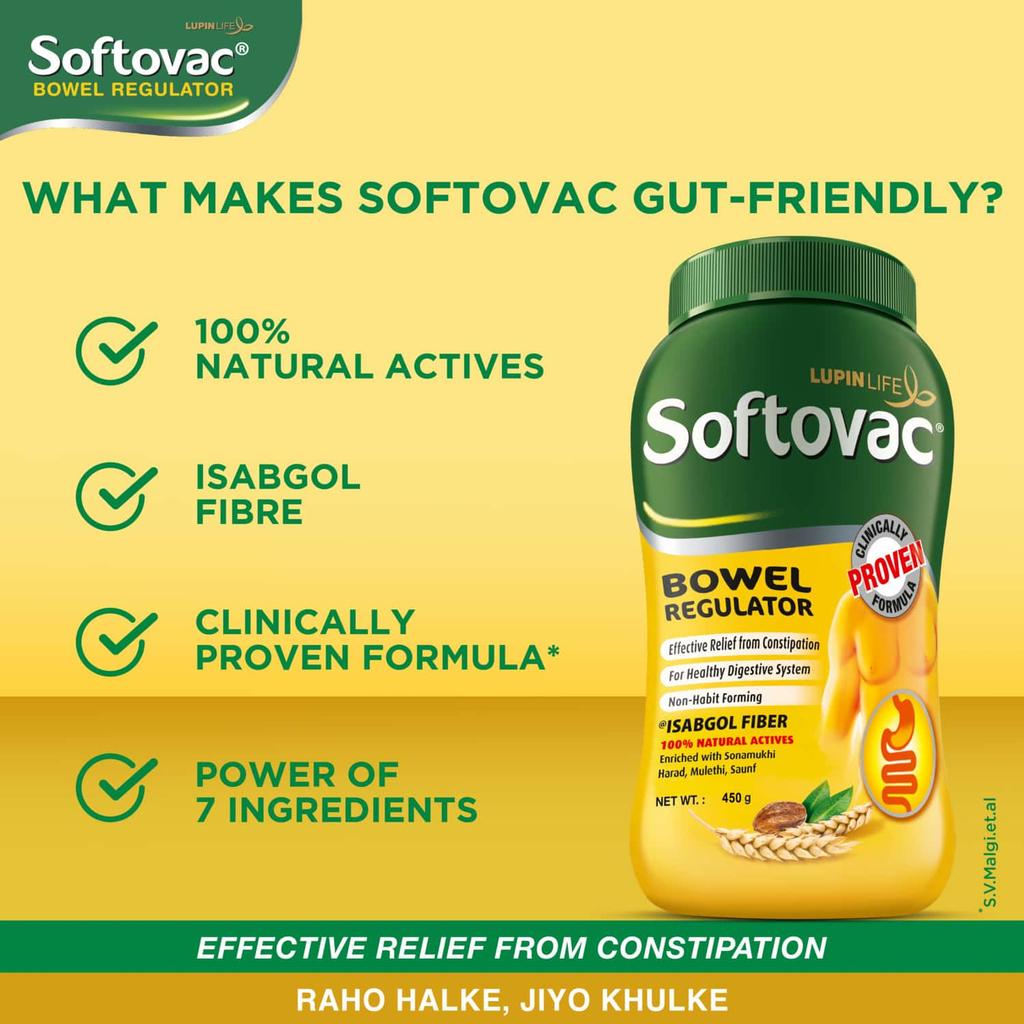 Softovac Isabgol Bowel Regulator Powder 450g – Gentle Stool Softener, Psyllium Husk Fiber, Relieves Bloating, Supports Digestive, Non-Habit Forming