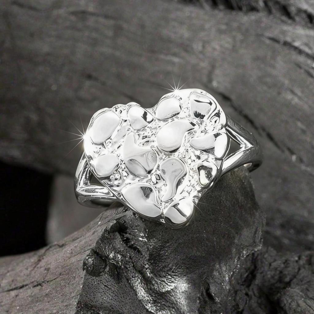 Silver-Plated Heart Bracelet & Concave-Convex Ring Set for Women