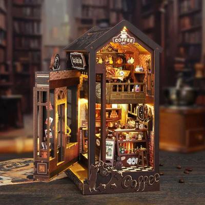 Retro Magic Coffee Shop DIY Wooden Book Nook Figurines Miniature Kits Bookshelf Home Bookend Decoration For Adult Handmade Gifts