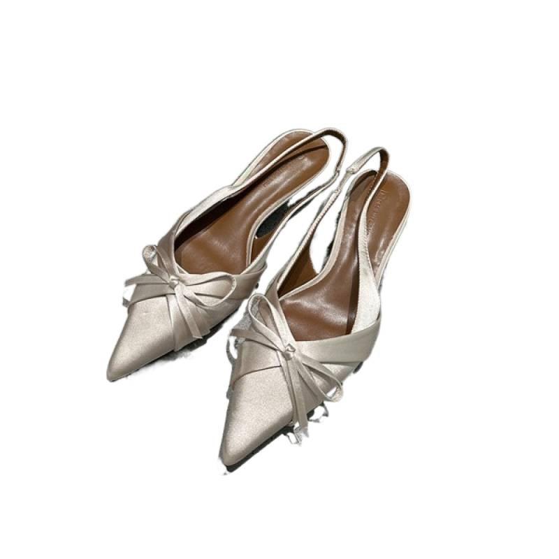 2025 new pointed middle heel shoes women's autumn pointed bow sandals low heel empty light mouth single shoes after banquet