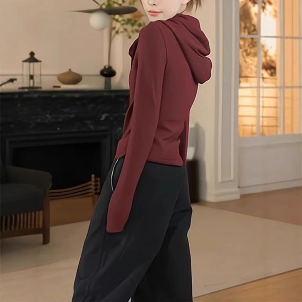 Design Sense of Encore Red Hooded Double Zipper Cardigan Jacket Women's Waist-Close-Slimming T-Shirt Top