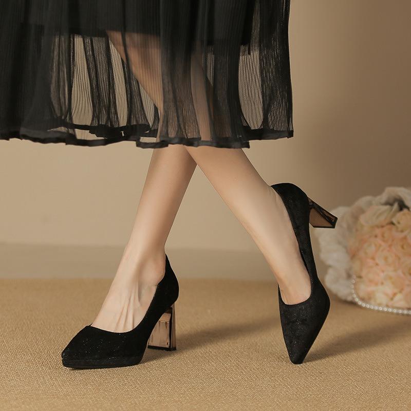 6-Pointed Thick Heel Waterproof Table Single Shoes Femininity Sexy Suede High Heels Not Tired Feet Women's Shoes