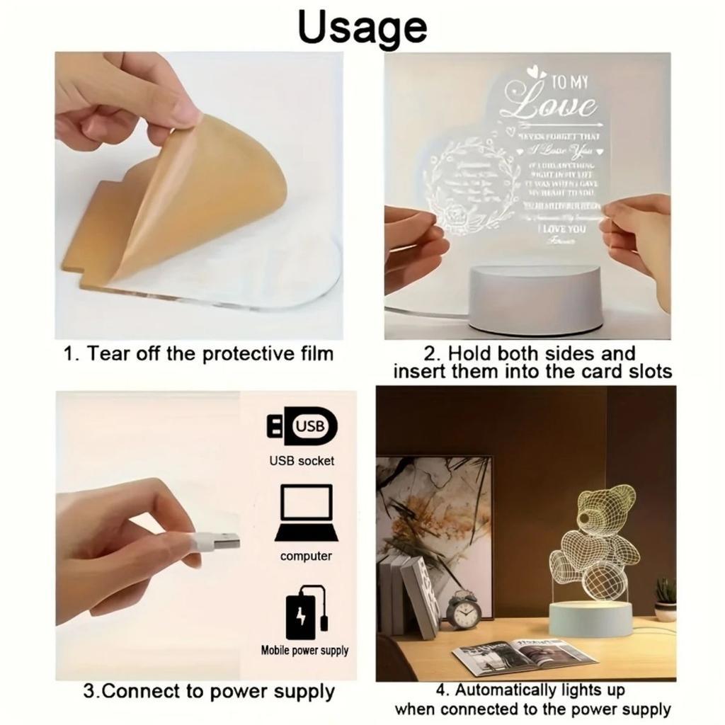 Creative 3D visual light with heart-shaped bear design, suitable for bedrooms, birthday gifts, Christmas decorations, etc.