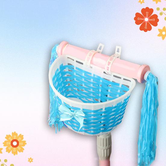 Kids Bicycle Front Basket with Ribbon Bow Toddlers Boys Girls Balance Bike Handmade Woven Storage Basket Bike Accessories