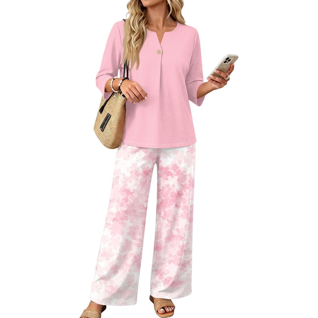 Women’s Casual Printed Button Top and Wide Leg Pants Two Piece Set with Three Quarter Sleeves Relaxed Fit Outfit for Daily Wear