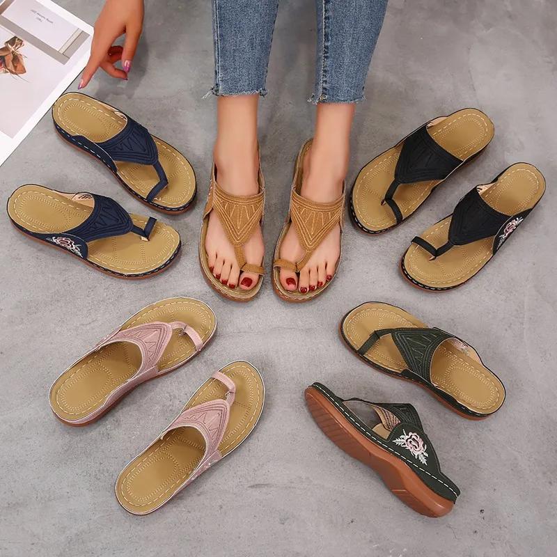 2026 Summer New Hot Women's Low Heeled Embroider Sandals Wedge Woman Shoes Cushion Comfort Flip Flops for Work Party Slippers
