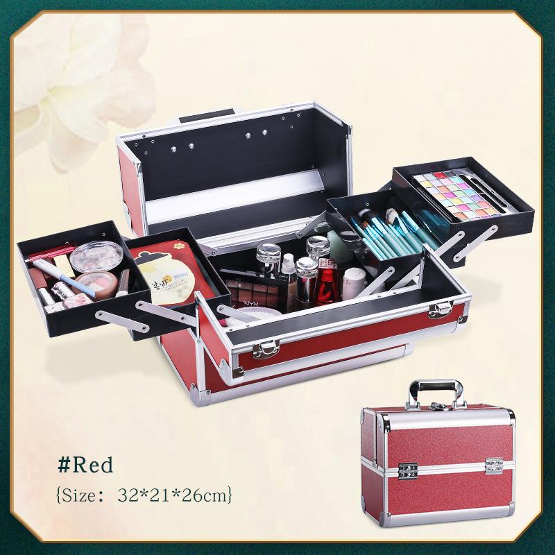Professional Large Makeup Train Case 4 Trays Cosmetic Cases, Large Makeup Storage Organizer Box with Lock Aluminum Frame