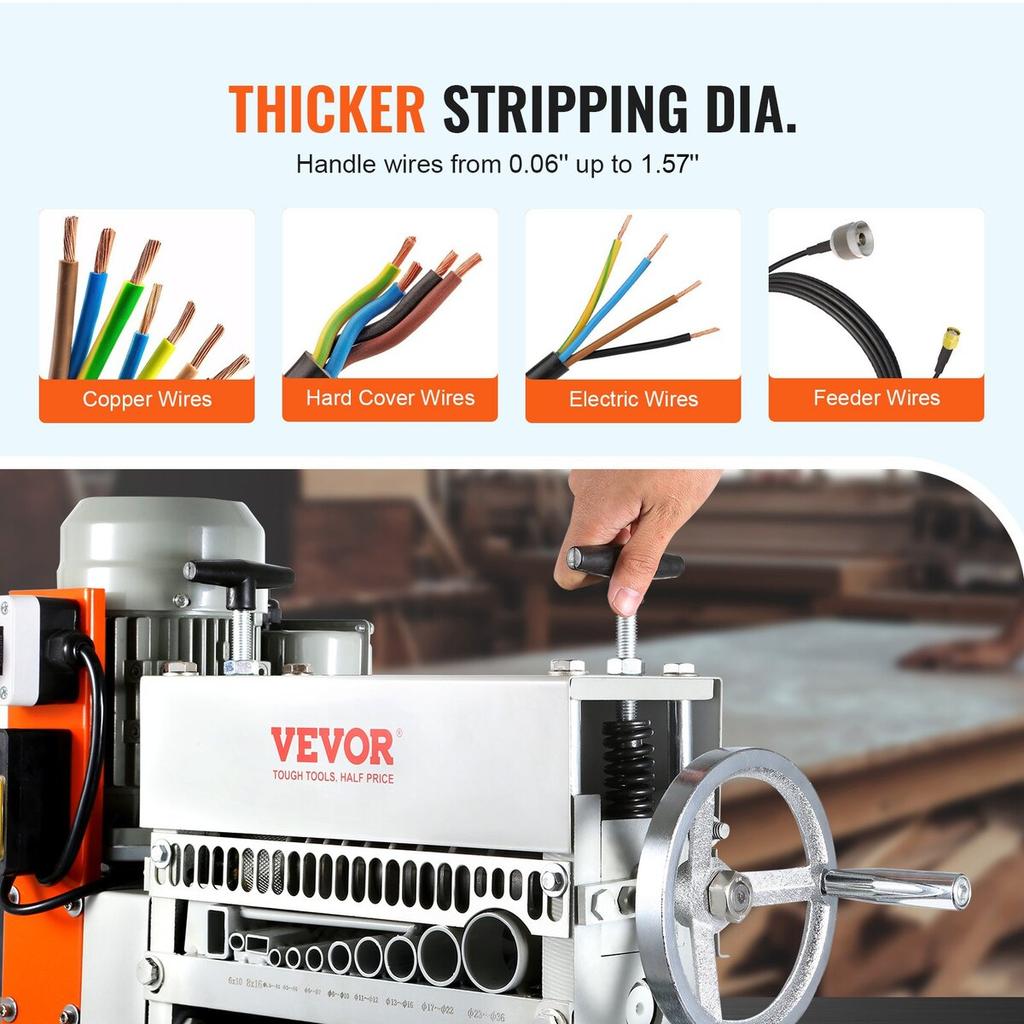 Automatic Wire Stripping Machine, 0.06''-1.42'' Electric Motorized Cable Stripper, 370 W, 88 Ft/min Wire Peeler with An Extra Manual Crank, 11