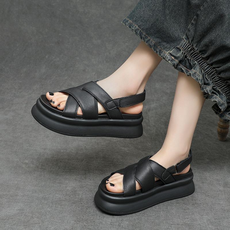 Fashion 5cm Sheepskin Leather Women Sandals Slippers Flats Summer Platform Wedge Flats Mary Jane Shoes Luxury Hook Peep Toe