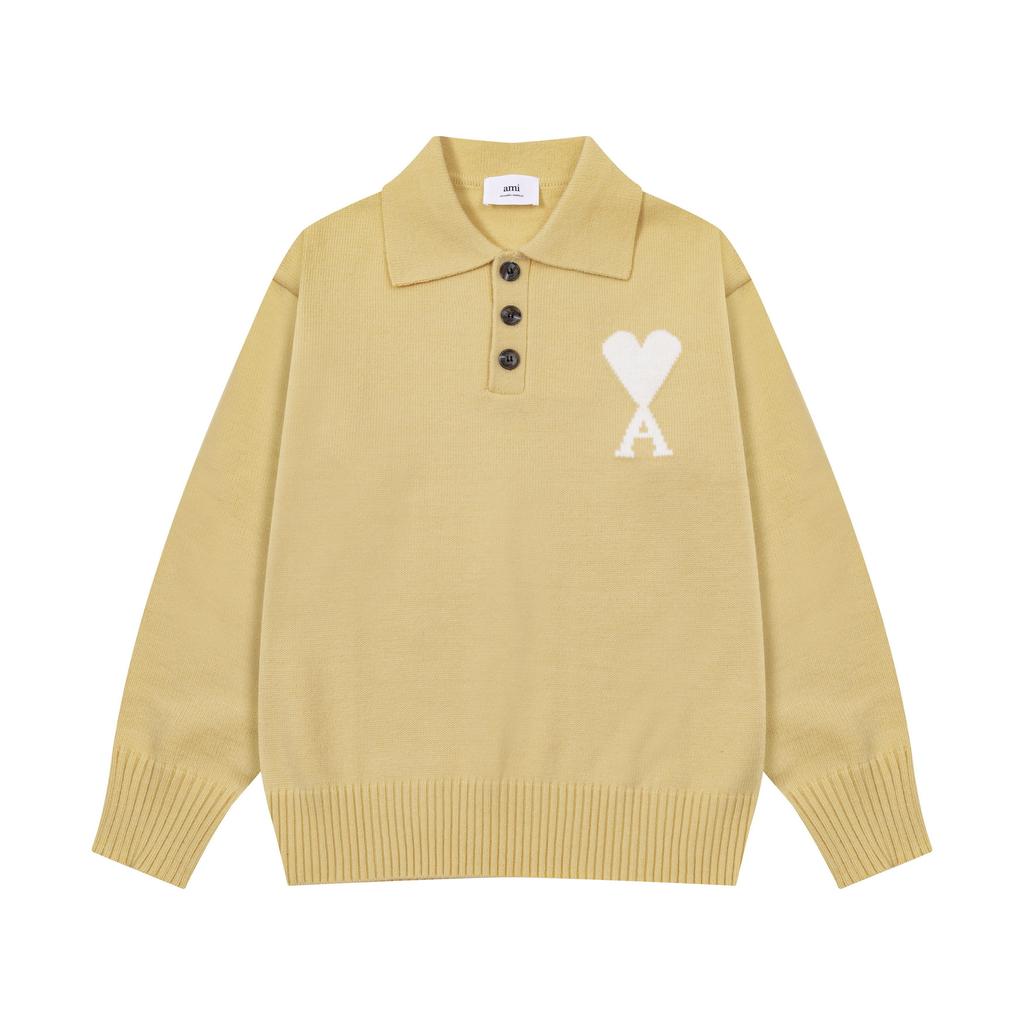 AMI White Heart-shaped Jacquard Alpaca Wool Blended Loose Sweater Polo Collar Men Pullover Sweater
